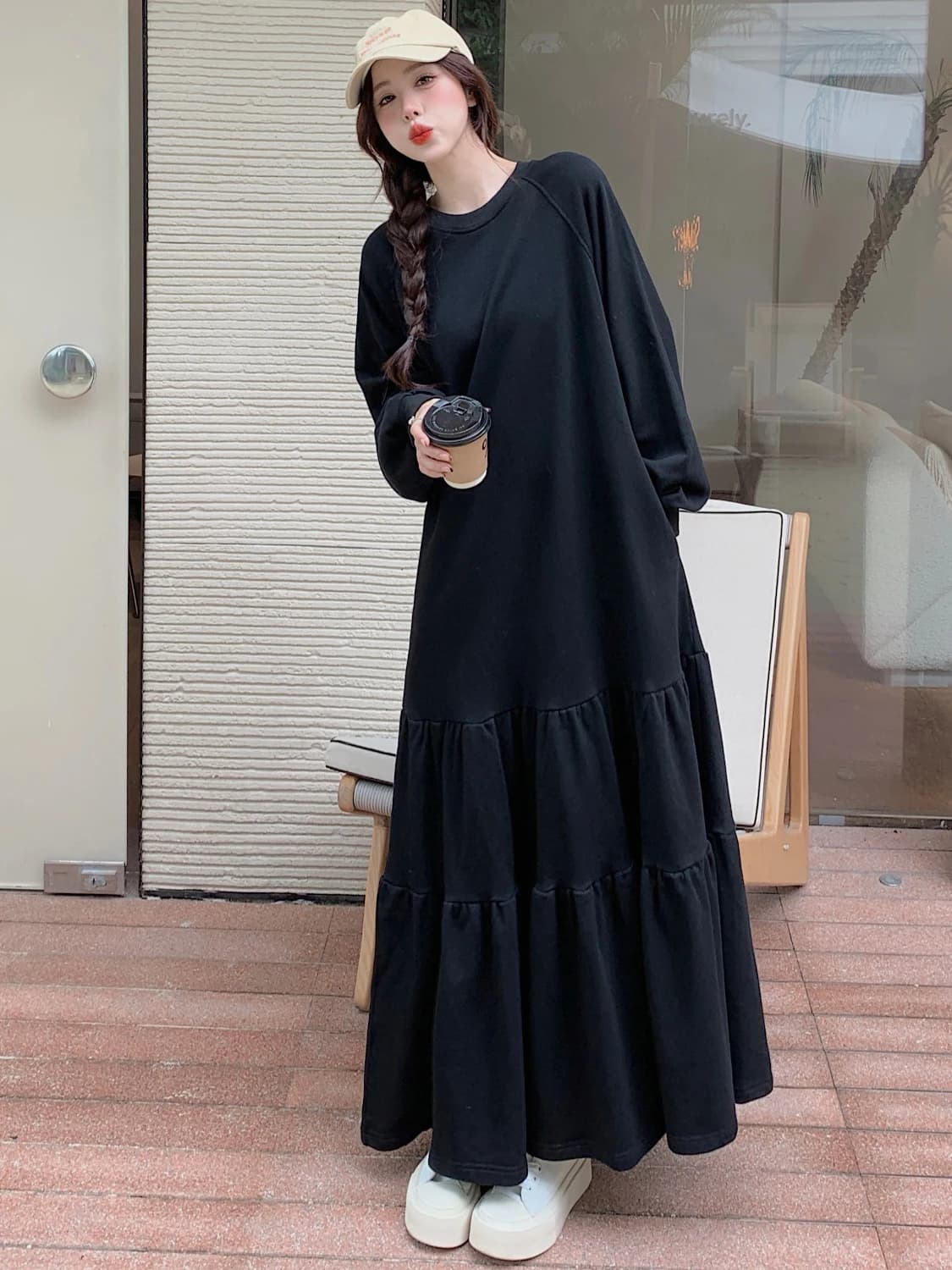 Loose Lazy Style Long Sleeve Sweatshirt Dress Women's Autumn New Arrival A-Line Skirt Hem Design Casual Loose Waist Design
