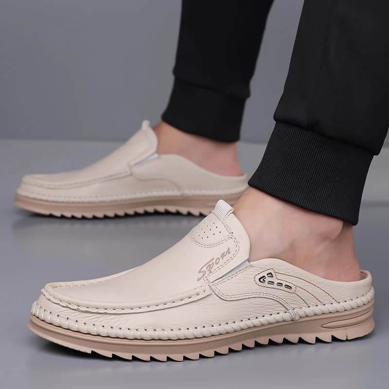 Men's Casual Shoes Massage Non-slip Leather Male Half Drag New Trend Slippers Loafers Men's Breathable Loafers with Soft Sole