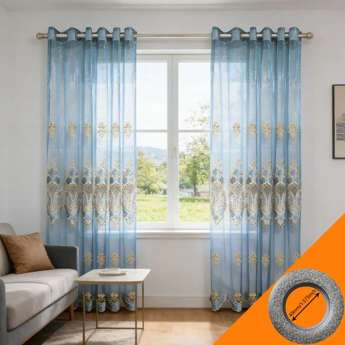 2 pz. Tende Trasparenti Ricamate di Lusso Blu e Oro con Occhielli, Drappeggi in Voile Trasparente per Soggiorno e Camera da Letto