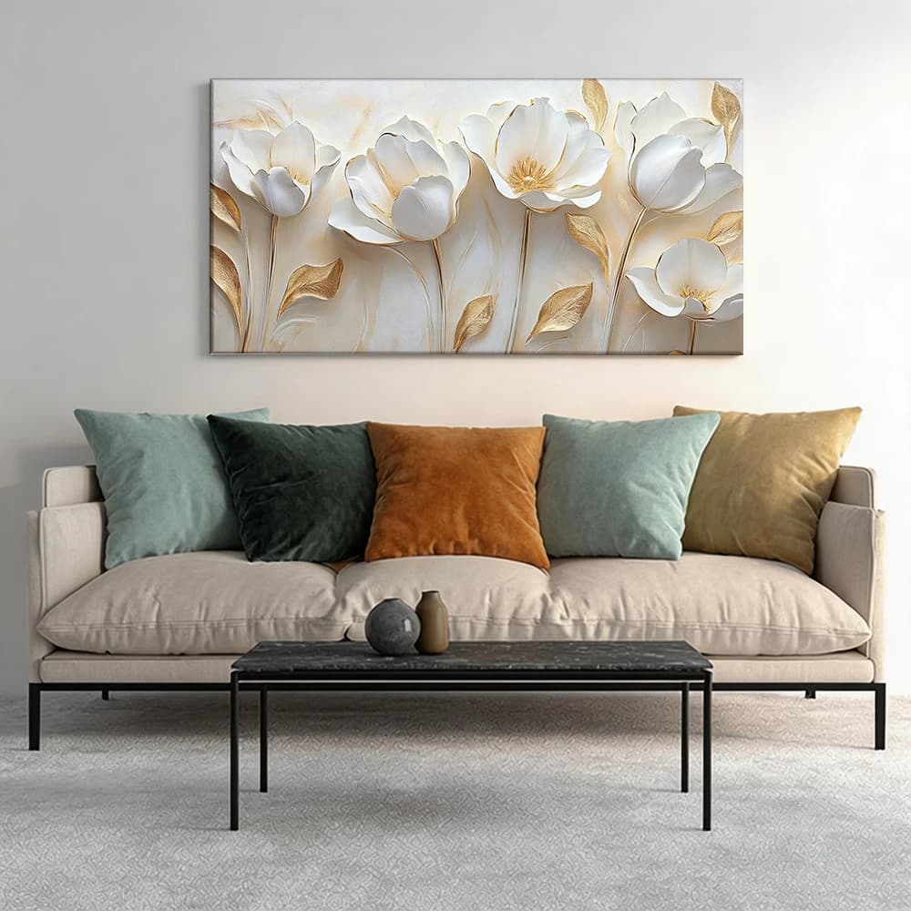 Painted on canvas with large wooden frame, 1 piece, White flowers, petals with golden edges.