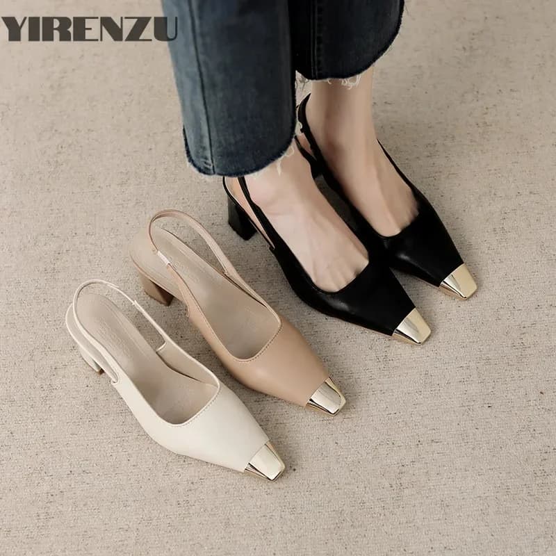 Sandali con copricapo stile francese Gonne estive da donna Punta a punta Tacchi alti Tacco spesso sul retro Design vuoto Senso Scarpe in morbida pelle