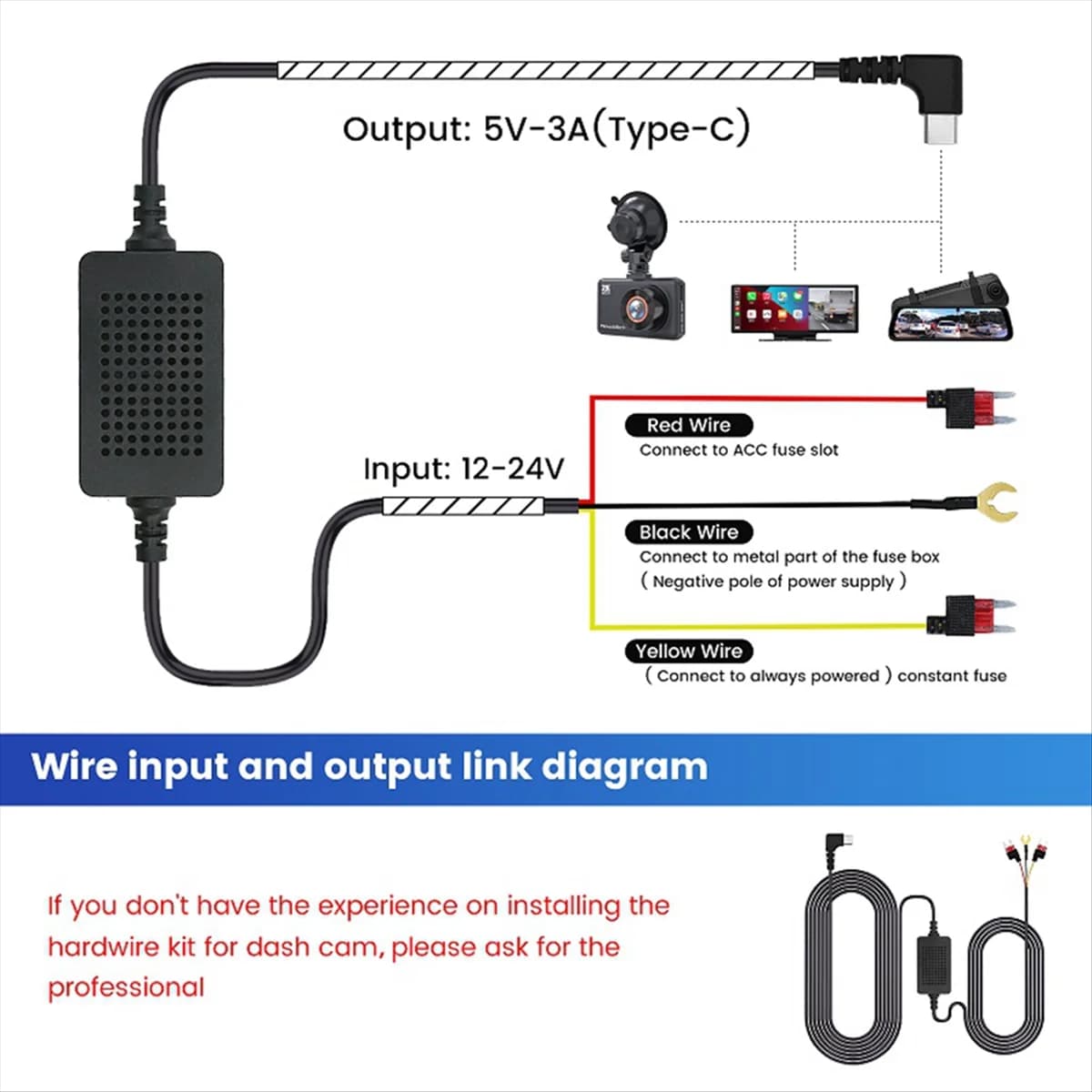 Kit cavo rigido DVR per veicoli A50R_3.5M da 12/24 V a 5 V 3 A