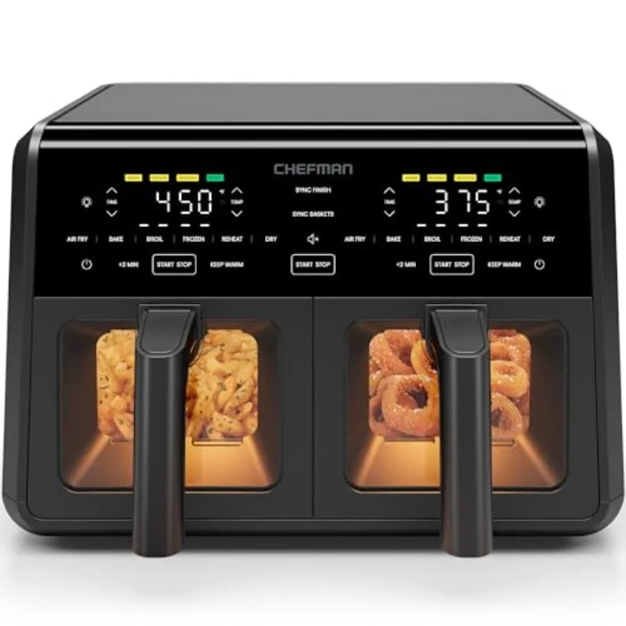 Double Air Frying Oven with DC Motor, 9 Qt, Double Crocking Chicken Basket, Fried Chips, Cooking, Grilling, Dehydration, Heating up to 450°F