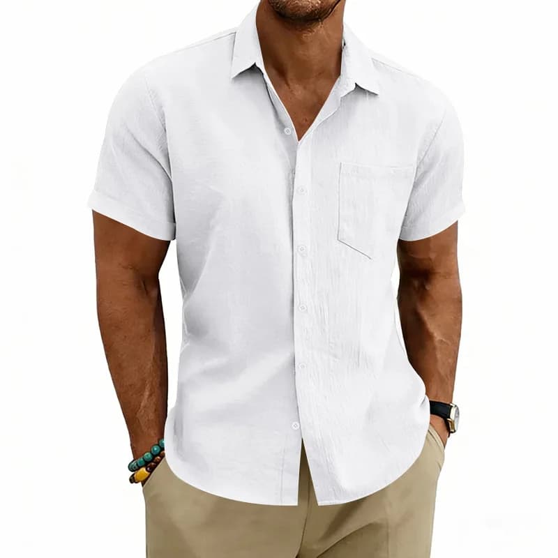 Camicia da uomo in lino a maniche corte, con risvolto ampio, personalizzazione all'ingrosso transfrontaliera, direttamente dalla fabbrica