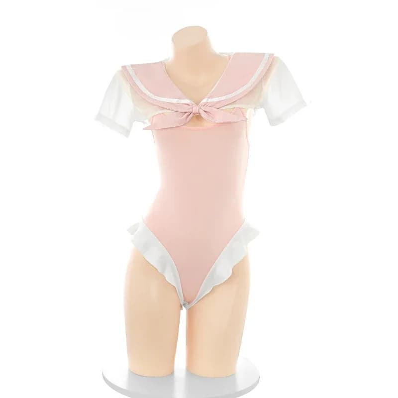 Costume da Scolaretta Giapponese Anime, Body da Marinaio, Costume da Bagno, Outfit Cosplay, Adorabile Completo da Coniglietta Rosa, Biancheria Intima