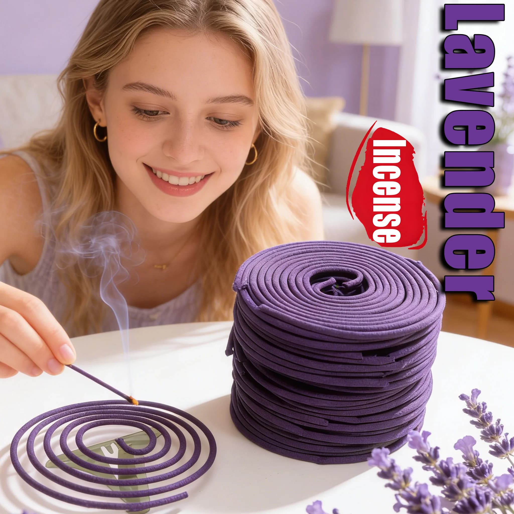 19/47/99/148/300/600 pezzi di popolari bastoncini di incenso a spirale profumati alla lavanda, realizzati con polvere profumata alla lavanda, si combustono per 3-4 ore, profumo leggero e rinfrescante, adatti per yoga, meditazione, casa, ufficio, uso all'aperto, facili da usare e portatili, e la fragranza si persiste come regalo.