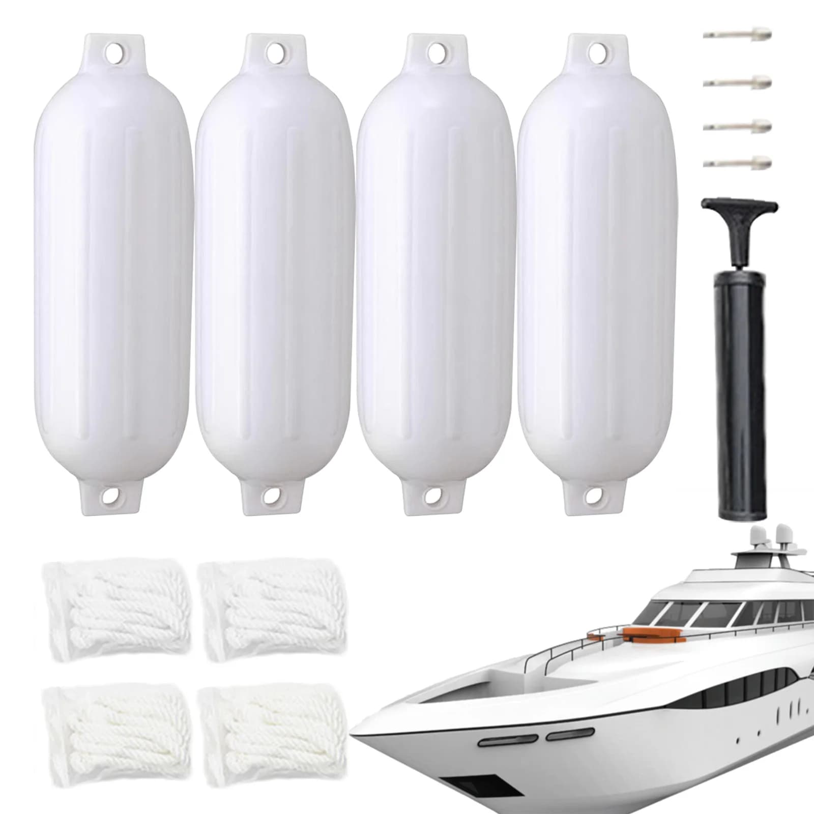 Paraurti per dock per barca da 10 x 30 pollici, confezione da 4, kit parafanghi gonfiabili in PVC, include pompa di gonfiaggio e corde marine
