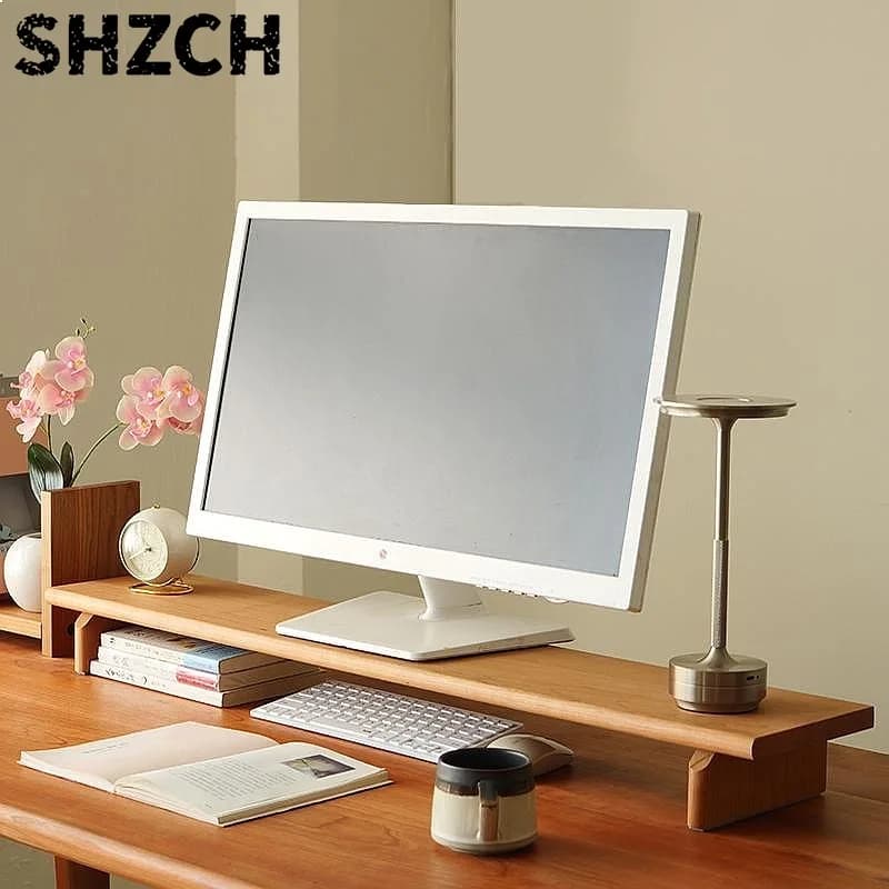 Ergonomic Cherry Wood Monitor Riser Stand Laptop Desk Organizer Home Office