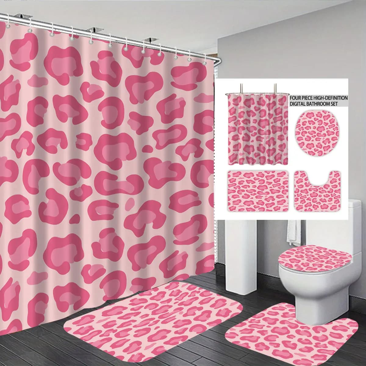 4PCS Pink Leopard Pattern Bathroom Four-Piece Set, Including Shower Curtain, Toilet Seat Cover, U-Shaped Mat, and Floor Mat