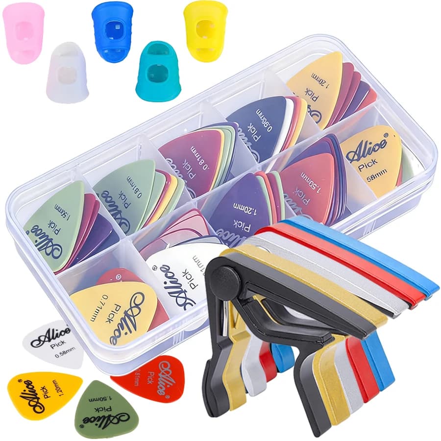 Set di Accessori per Chitarra: 30 Plettri Colorati, 10 Scatole a Griglia e 4 Ditaere per Chitarra, Capotasto Colorato - Set Comune di Accessori per Chitarra