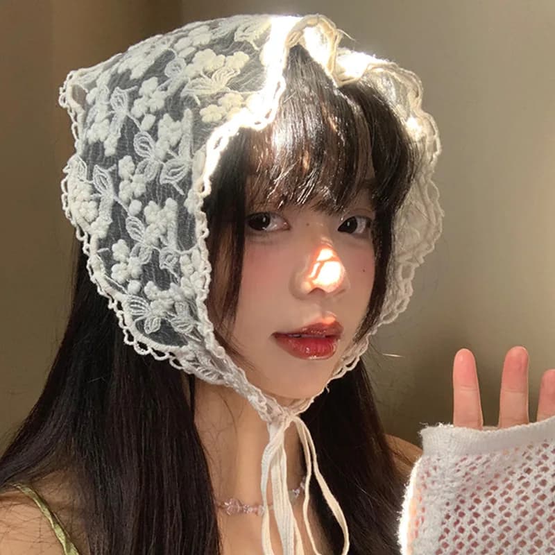 Floral Lace Korean Hair Scarf for Women Girl Bandana Hair Band Solar Protection Triangle Accessories for Summer Hair Scarf Neck