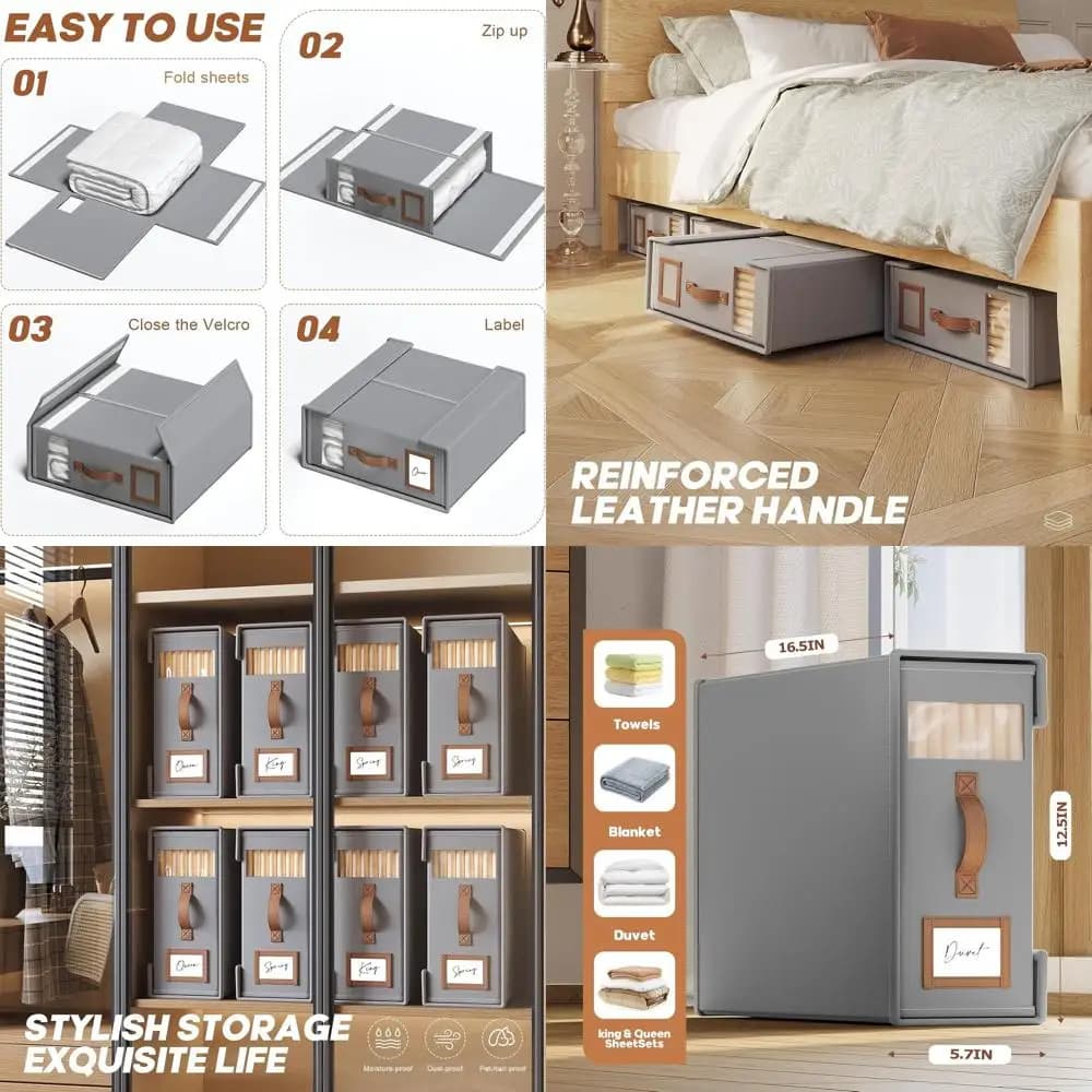 Organizzatore per Lenzuola Cal King Size Grigio con 6 Scomparti, Finestra Trasparente e Manici in Pelle