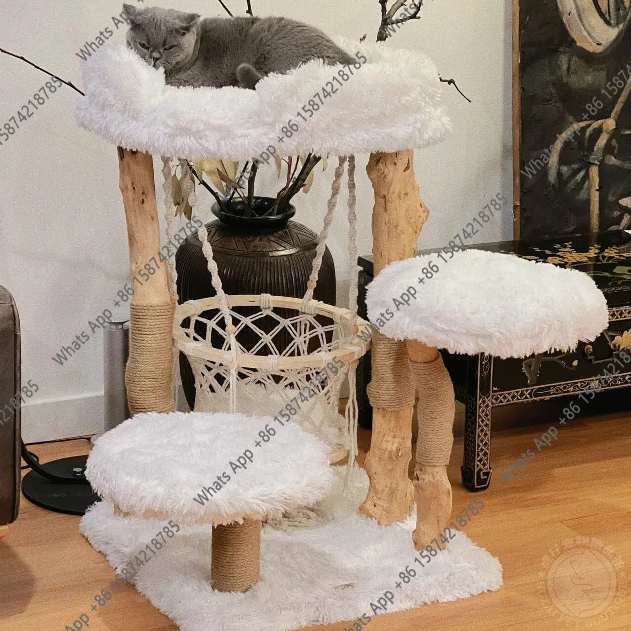 Cuccia sospesa in legno massello per gatti, struttura per arrampicata, villa per gatti, culla a forma di albero, scaffale giocattolo, colonna per grattare, piattaforma per saltare, design