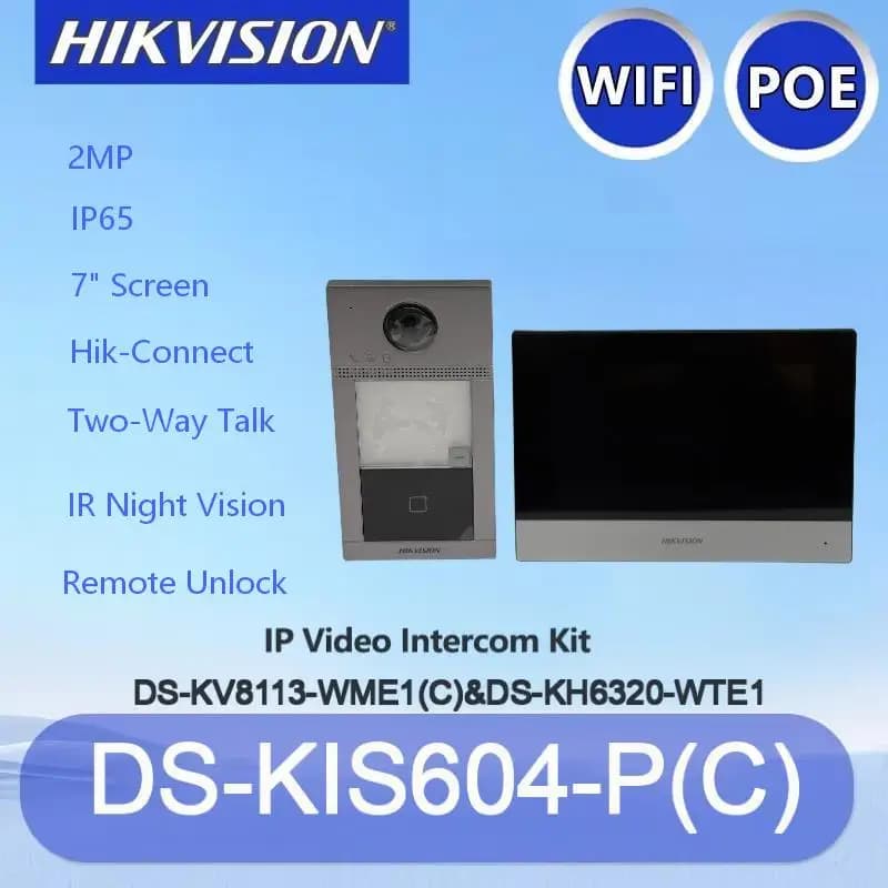 Kit Videocitofono Hikvision DS-KIS604-P(C) 7'', Campanello WiFi PoE 2MP con Audio Bidirezionale, Visione Notturna IR, IP65 per Sicurezza Domestica