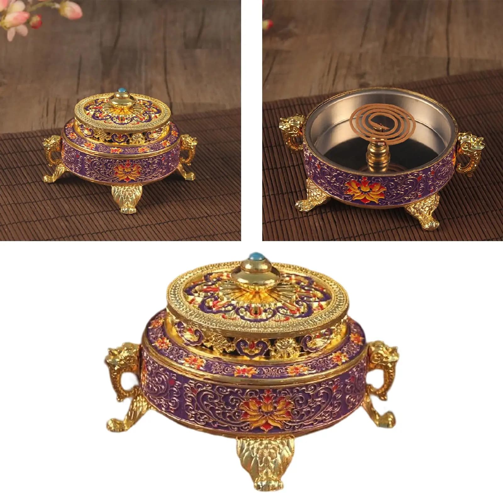 Enamel Tibetan Incense Burner Holder Censer Fragrance for Sticks Cones Coils Hotel Tower Incense Yoga Dish Incense