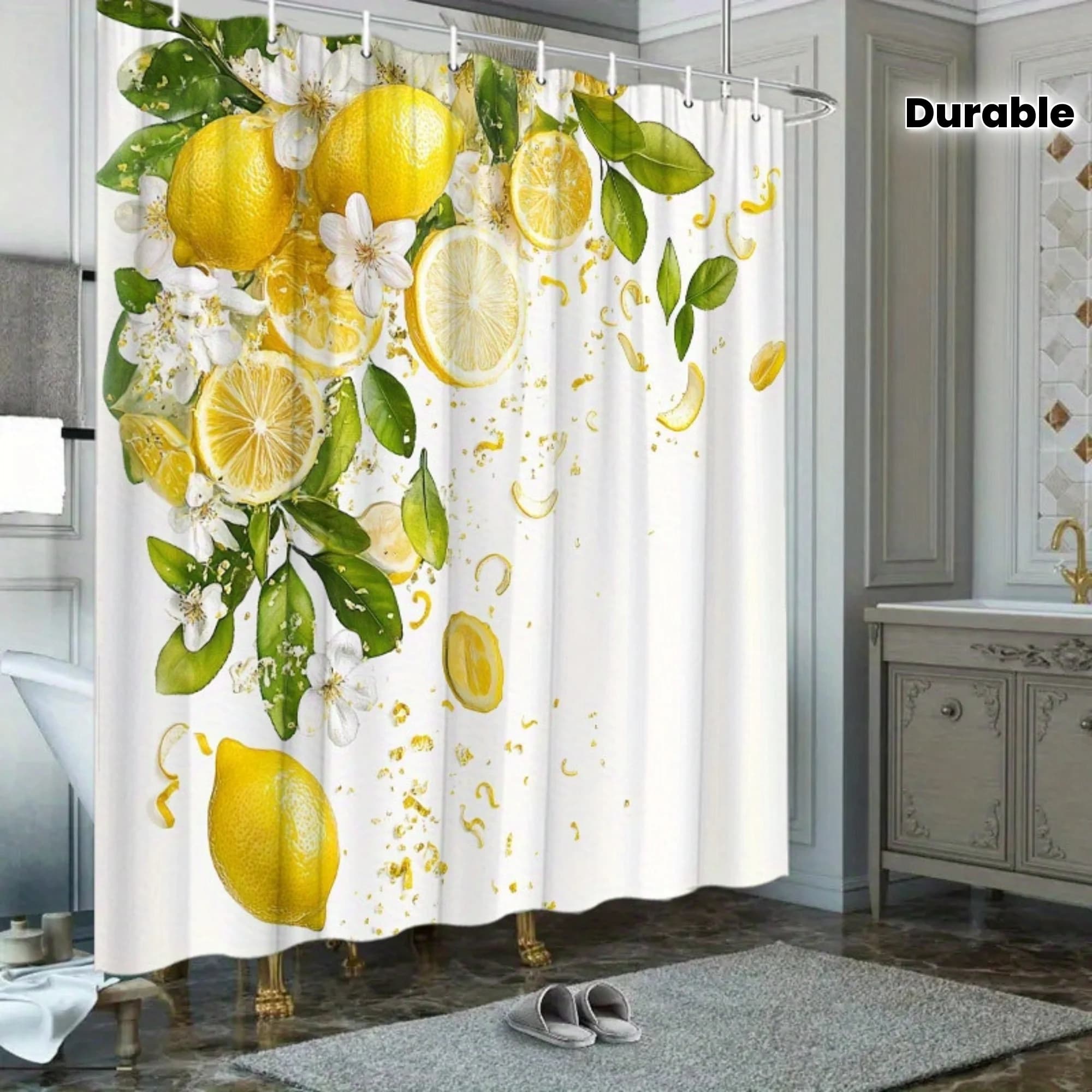 Tenda da doccia con agrumi e limone, frutta gialla, foglie verdi, motivo floreale, decorazione da bagno impermeabile, eleganti tende da bagno naturali