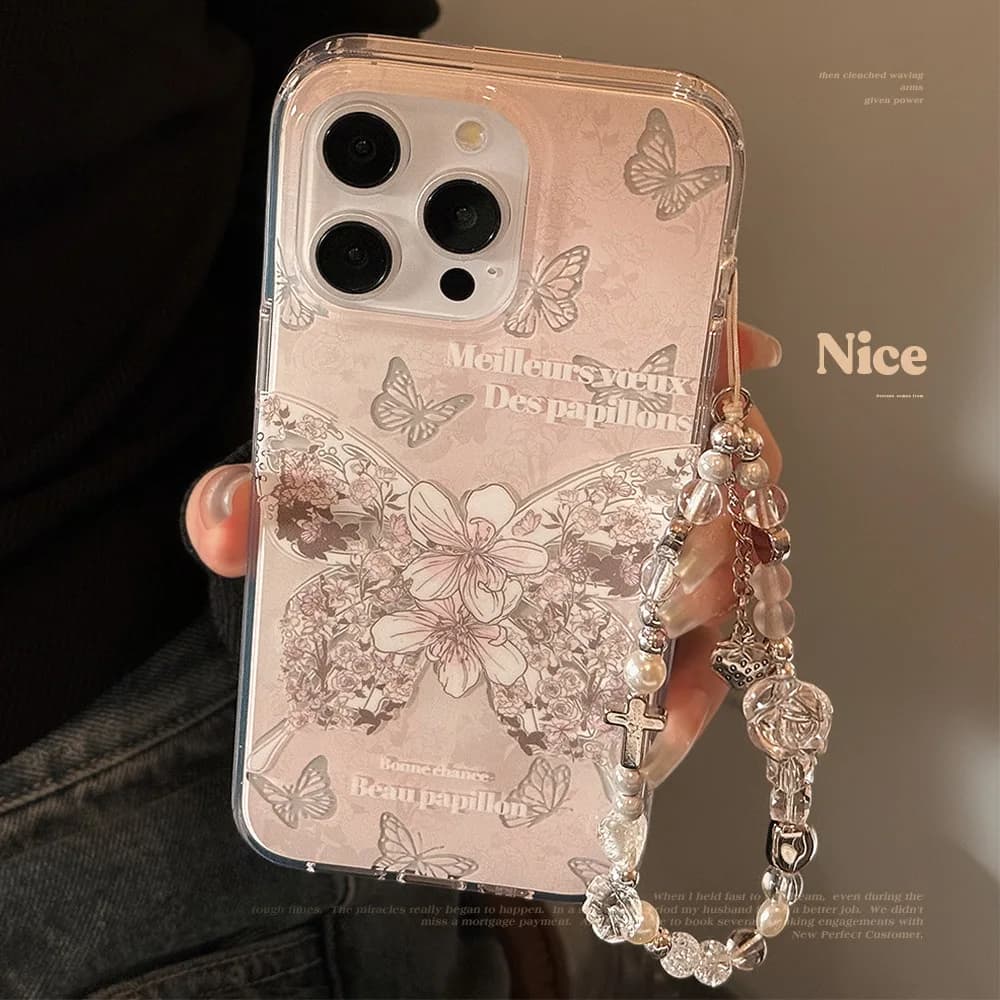 Custodia per telefono coreana con farfalla con catena per braccialetto per iPhone 15 16 Pro Max 14 13 12 Estetica Paraurti con cover posteriore antiurto