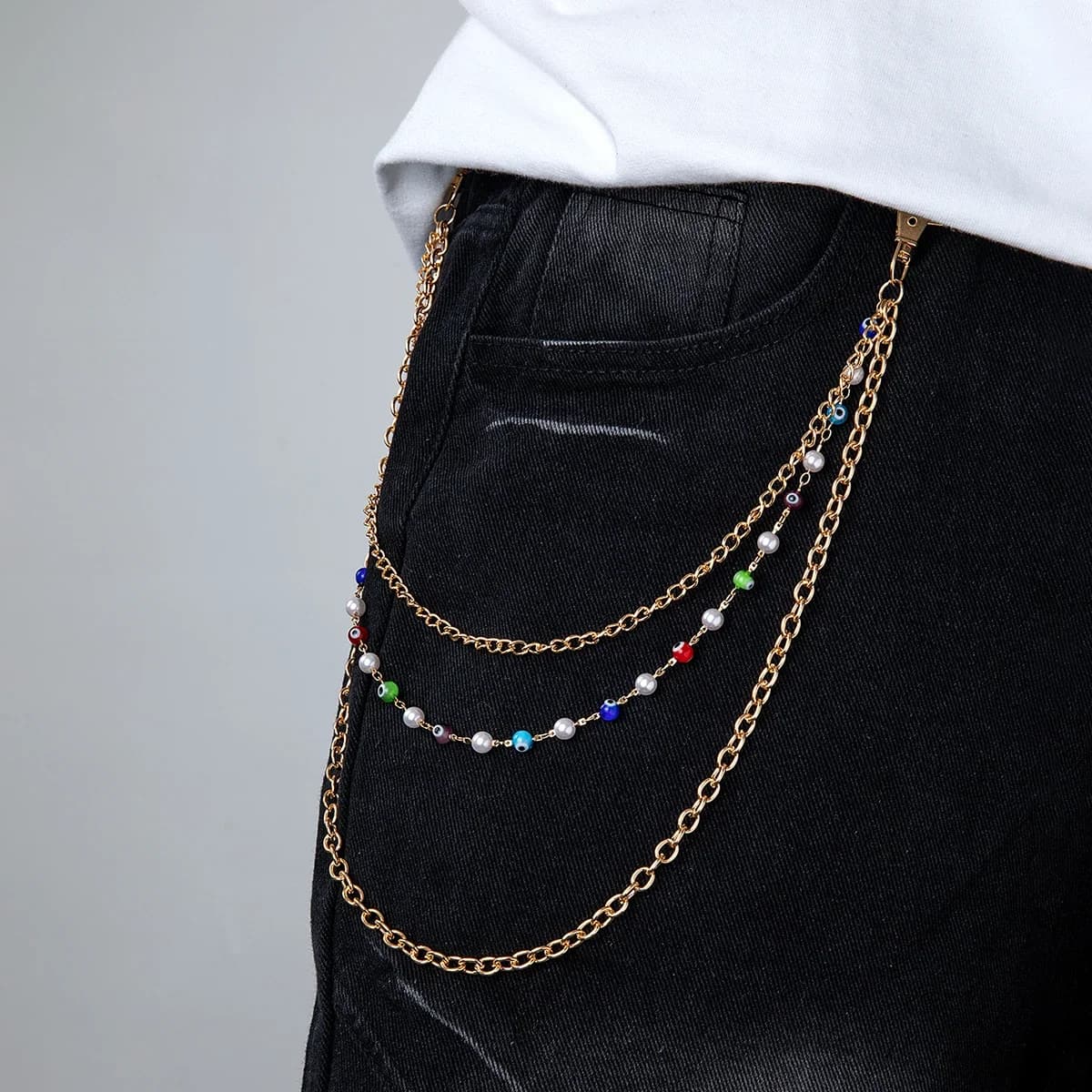 1 pezzo di catena in metallo con perle finte multistrato stile hip-hop Devil's Eye, catena versatile per jeans da uomo, catena per il corpo