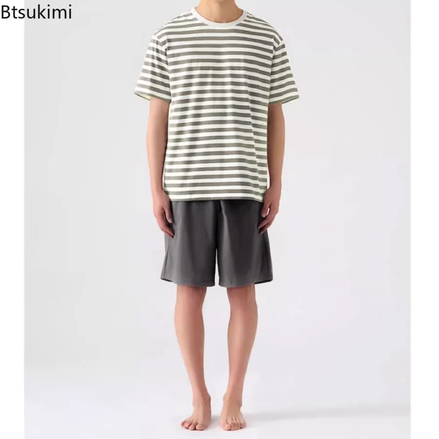 Summer Women's Pajamas Sets 100% Cotton 2PCS Pajamas for Couples Solid Color Striped Short Sleeved Shirt Ladies Homewear Suit