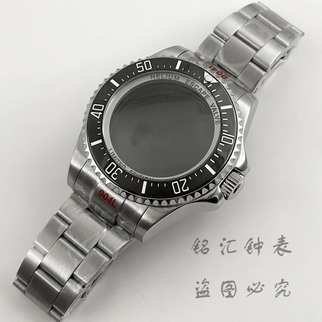 44MM SEA Big Black Ceramic Bezel Silver DEEP Homage Sapphire Crystal Watch Case Stainless Steel Bracelet Fit NH35 NH36 Movement