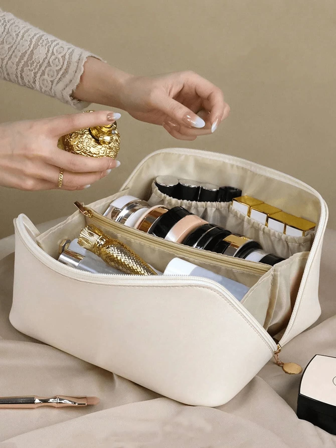 Borsa per cosmetici da viaggio grande per donna Organizzatore per trucchi in pelle Borse per kit da toilette femminile Custodia per trucco Custodia per signora di lusso