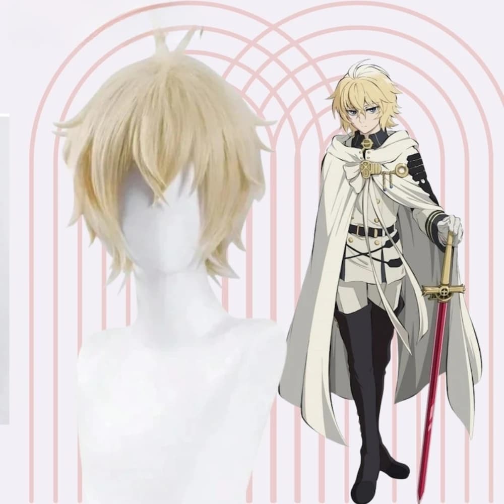 Parrucca cosplay Miyagi Hyakuya Parrucca anime bionda corta resistente alle alte temperature in fibra sintetica
