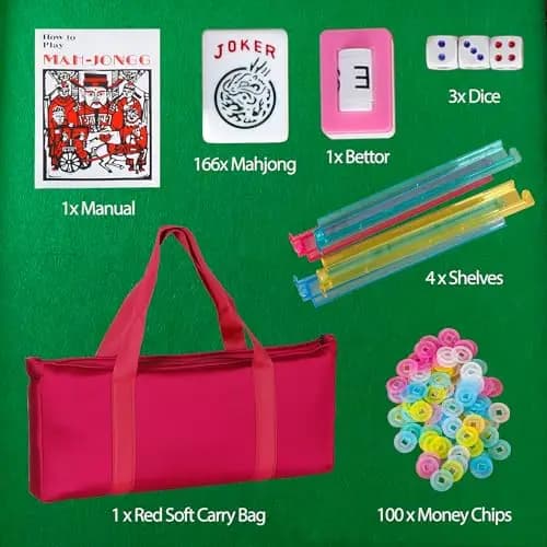 American Mahjong Game Set With 166 Tiles, 4 Color Racks, Pushers, Red Soft Carry Bag, Manual, Chips, Dice And Accessories