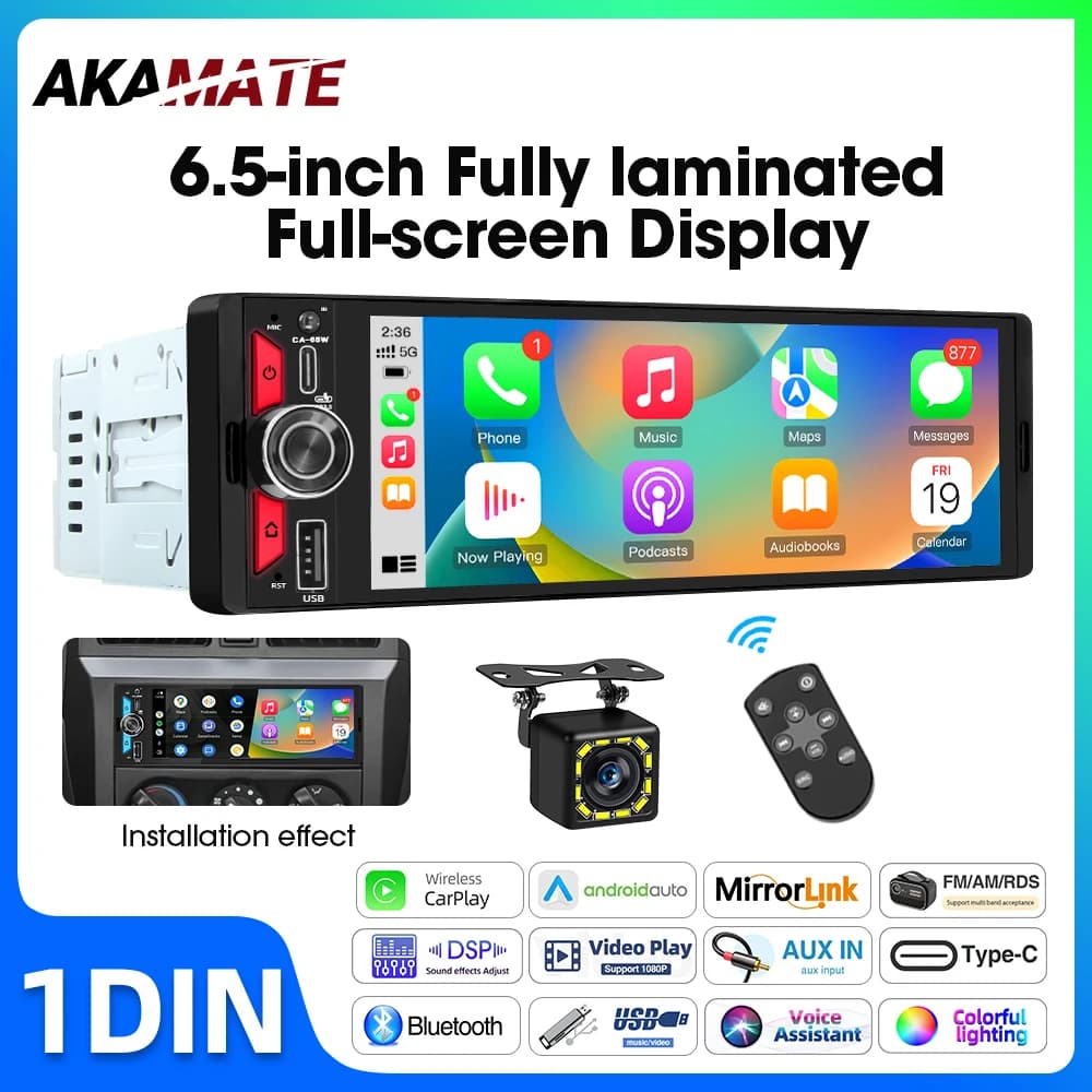 Autoradio da 6,5 pollici 1Din Carplay Android Auto Mirrorlink Bluetooth FM AM RDS EQ AUX Touch Screen Universale Autoradio Stereo MP5