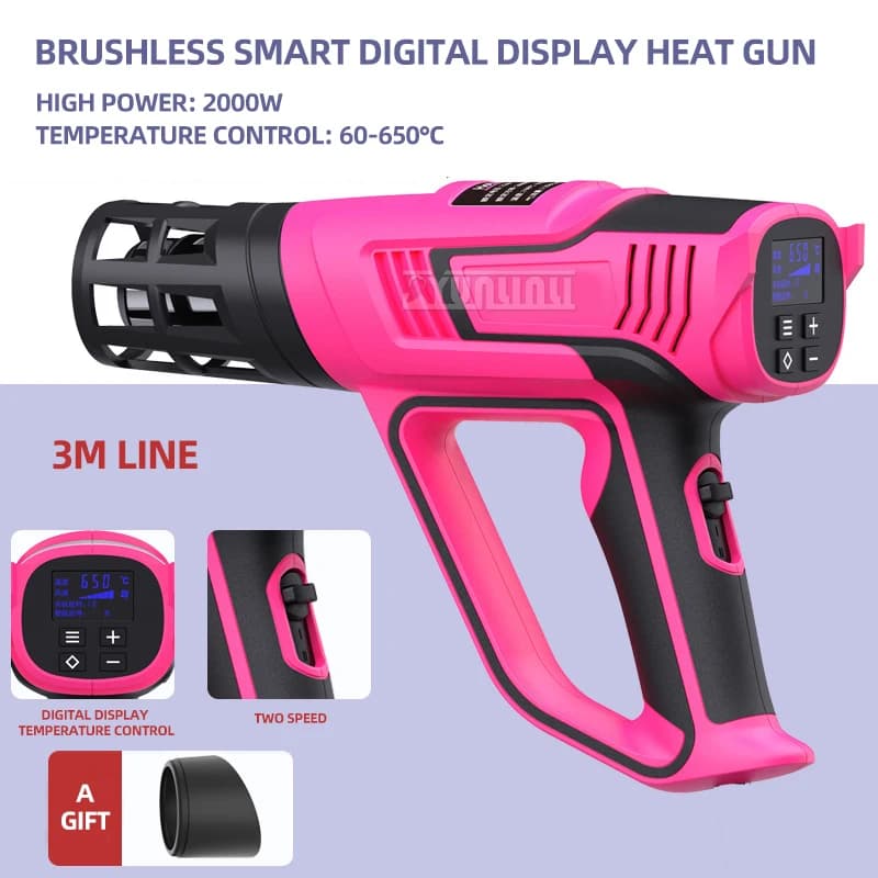 Pistola ad aria calda con regolazione digitale della temperatura Pistola ad aria calda senza spazzole ultra silenziosa Rosa 150-500L/min Macchina termica per pellicola per auto