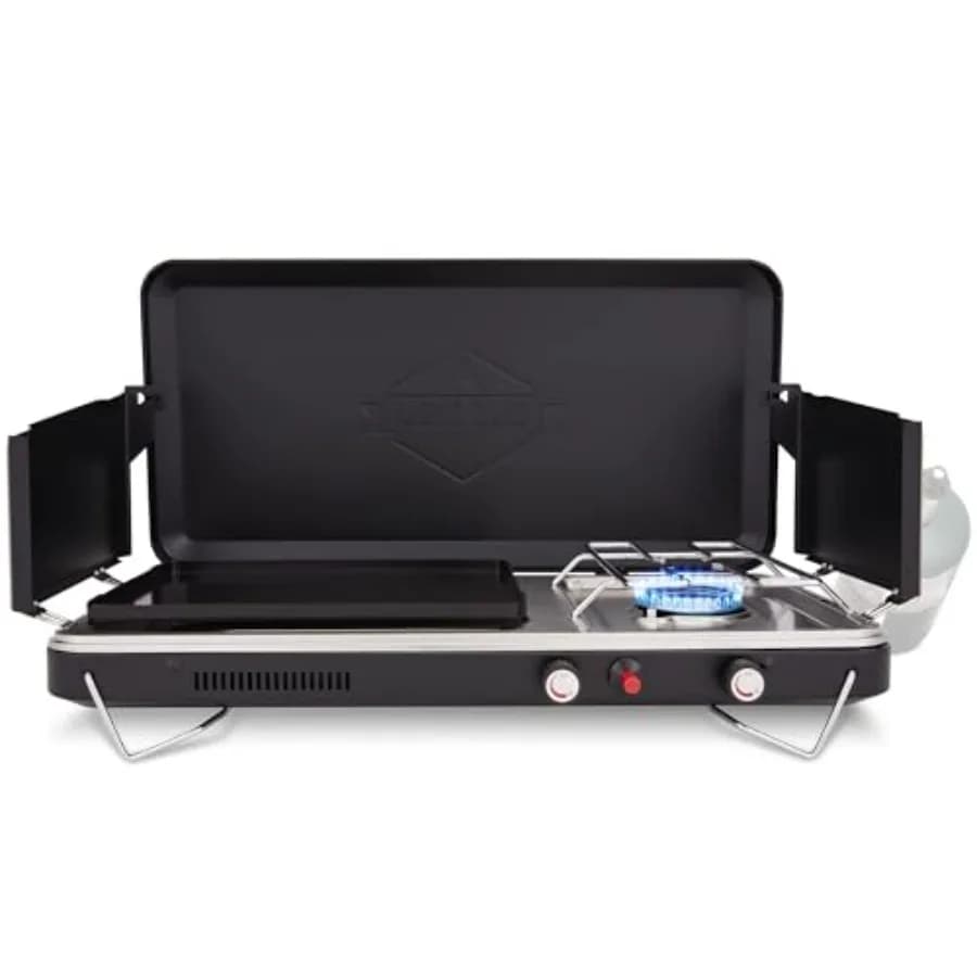 Fornello da Campeggio Portatile 2-in-1 a Propano con Piastra, Vassoio Raccogligocce in Acciaio Inox, Gambe Pieghevoli, Pannelli Antivento e Accenditore Integrato