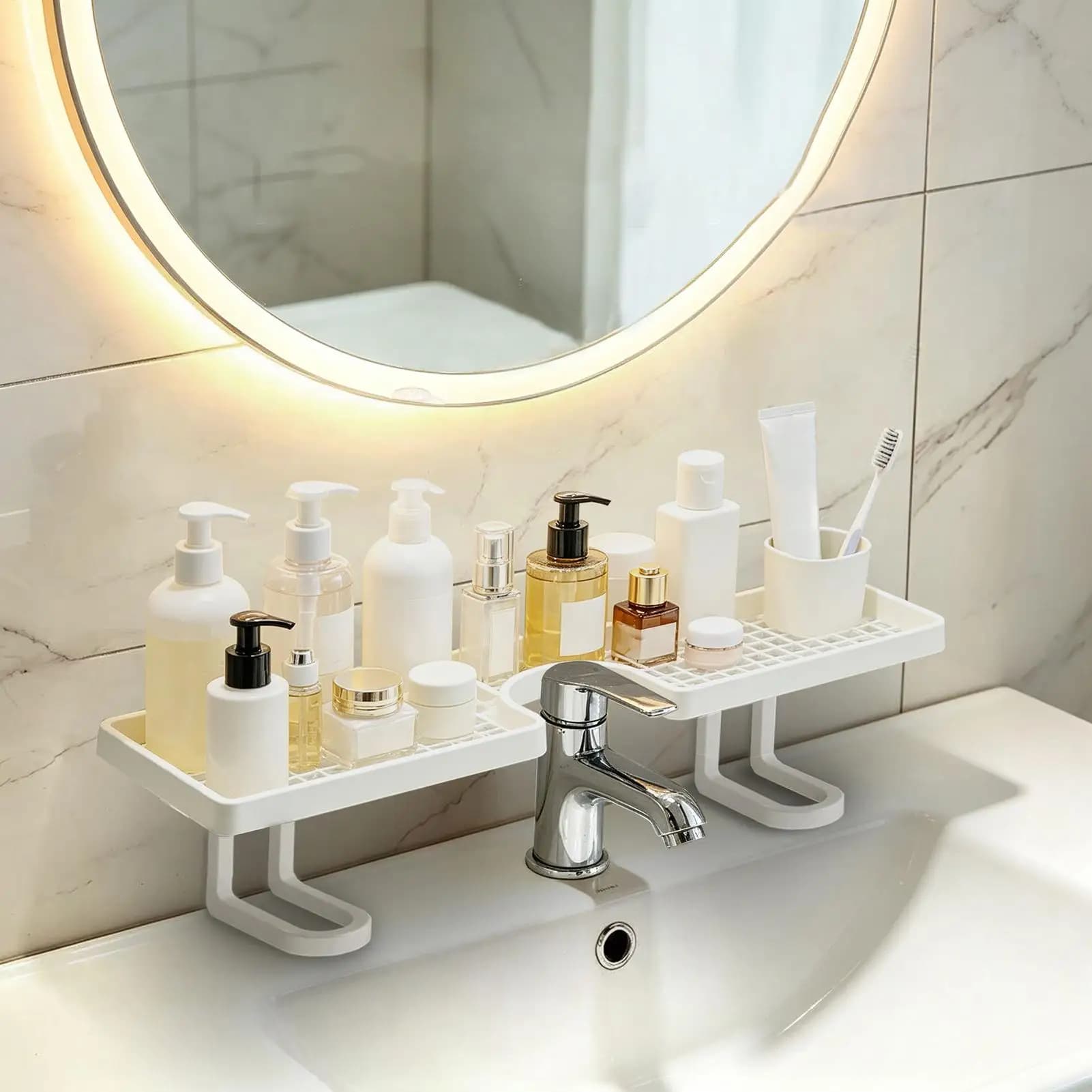 50cm No Drill Quick Drainage Bathroom Sink Shelf Over Faucet for Toothbrushes Cups Cosmetics Shampoos Kitchen Hotel Dormitory