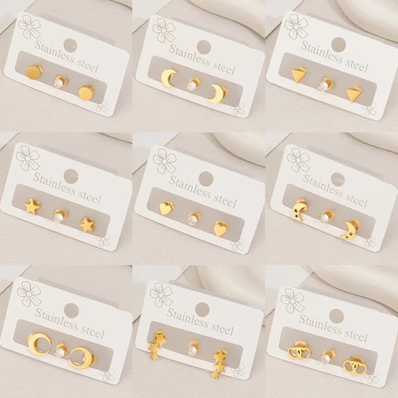 3Pcs Stainless Steel Earrings Star Moon Heart Triangle Geometric Stud Earring for Women Crystal Ear Cartilage Studs Jewelry Sets