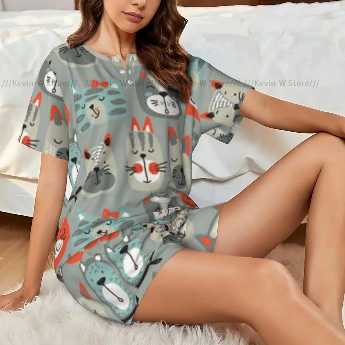 Pigiama da donna Set volti di gatto colorati Abito estivo da donna a maniche corte per la casa