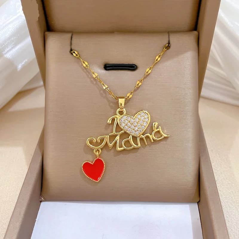 Collana con Ciondolo a Cuore con Zirconi e Scritta MAMA, Gioiello da Donna in Acciaio Inossidabile 316L, Regalo per la Festa della Mamma