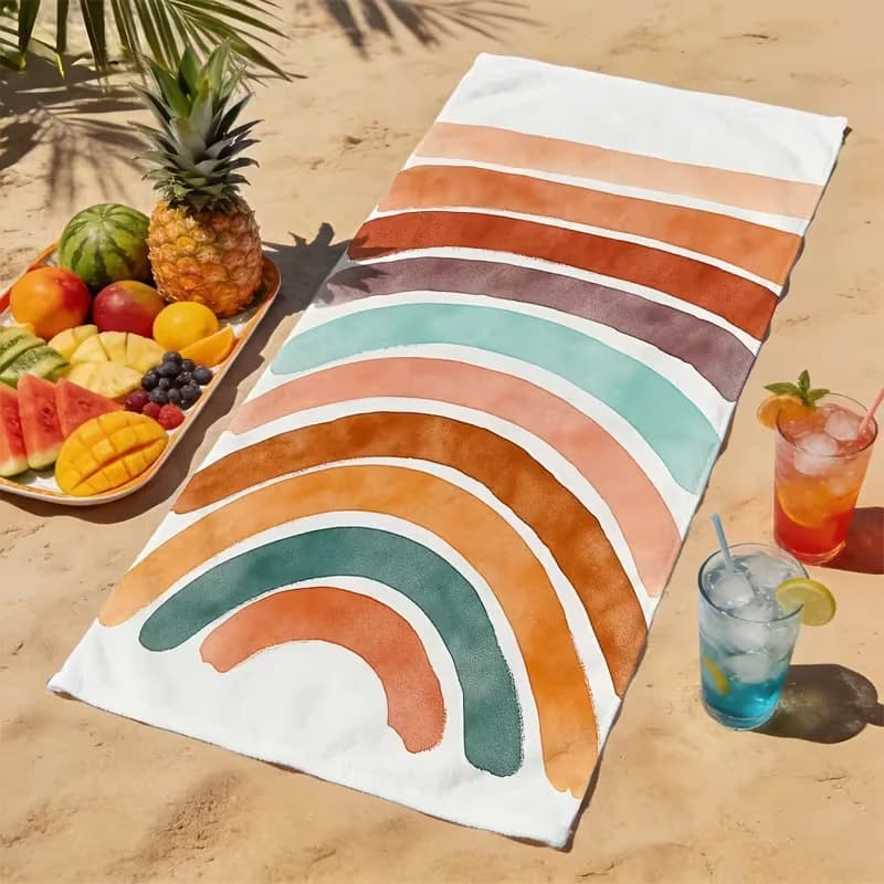 Telo Mare Boho con Stampa Arcobaleno, Motivo Sole e Nuvole, Asciugatura Rapida, Anti-Sabbia, Assorbente, Ideale per Viaggi Estivi e Vacanze al Mare