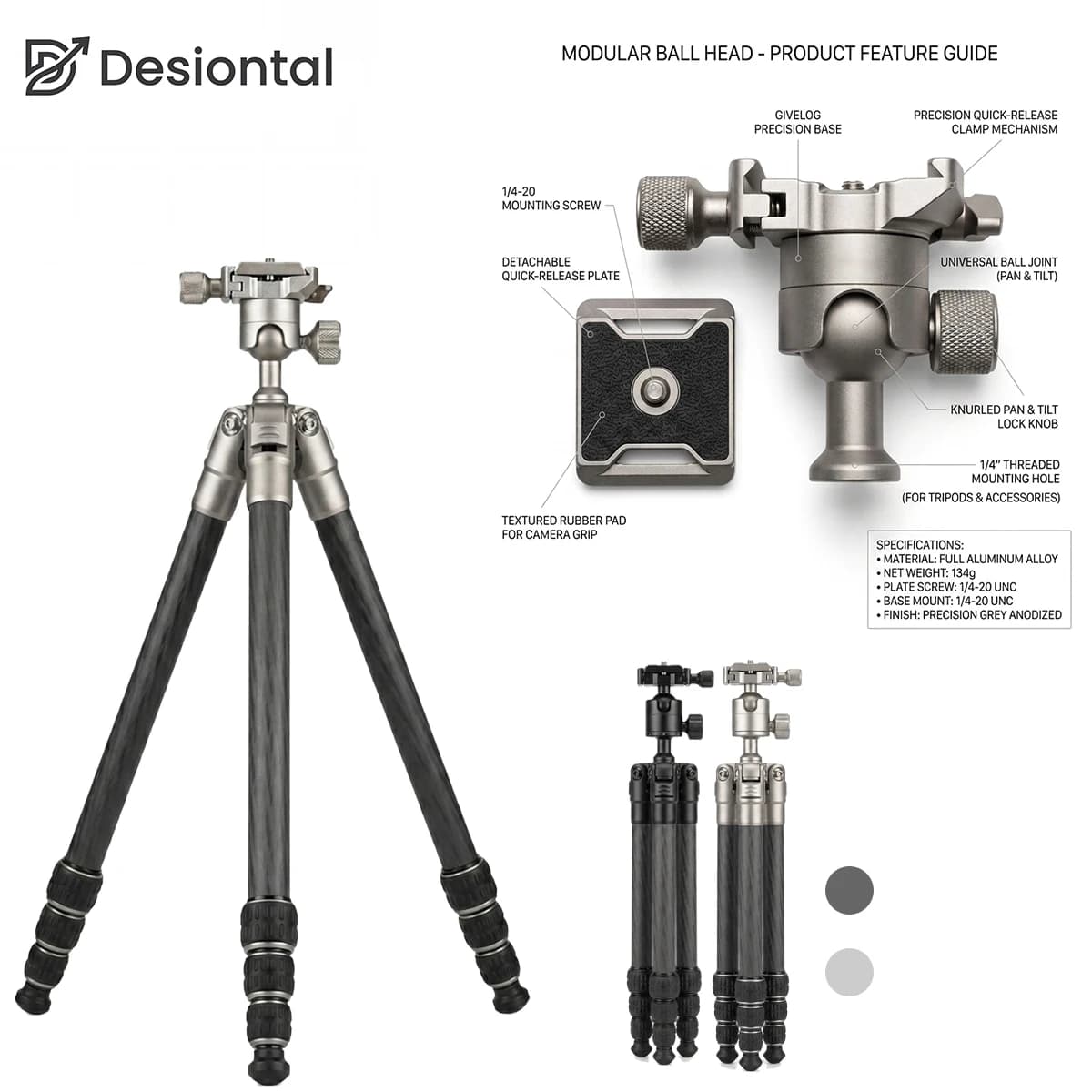 Desiontal K1 professional tripod fits DSLR, mirrorless & camcorders. Built-in fluid head, carbon fiber & aluminum alloy