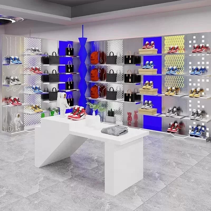 Espositore da parete salvaspazio personalizzato per boutique, scaffale porta scarpe e borse, organizer per abiti e cappotti