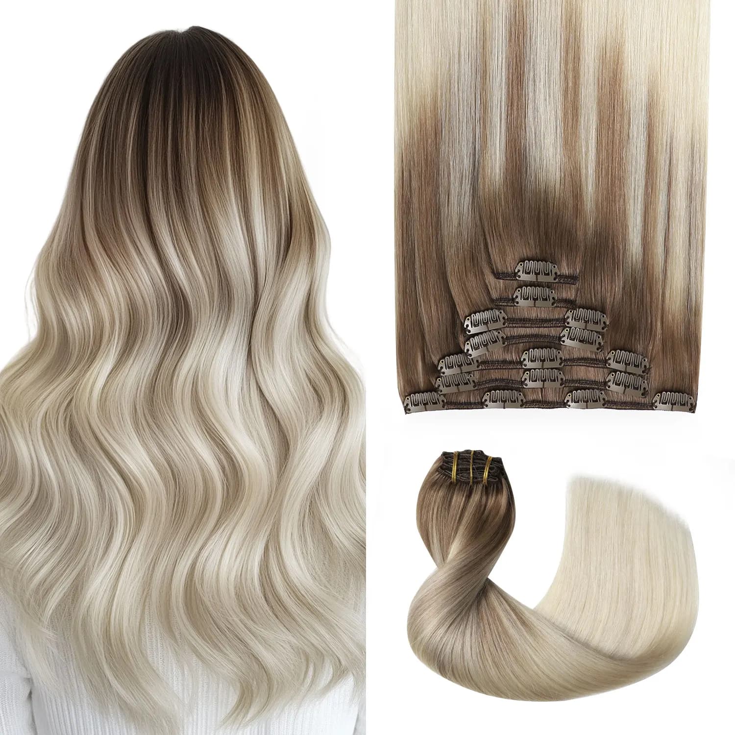 Sweetmet Pro2.0 Clip in Hair Extensions Real Human Hair 120g Thick 7pcs #8/60 Ash Brown to Platinum Blonde Remy Real Human Hair Extensions Clip ins Seamless Double Weft for Women