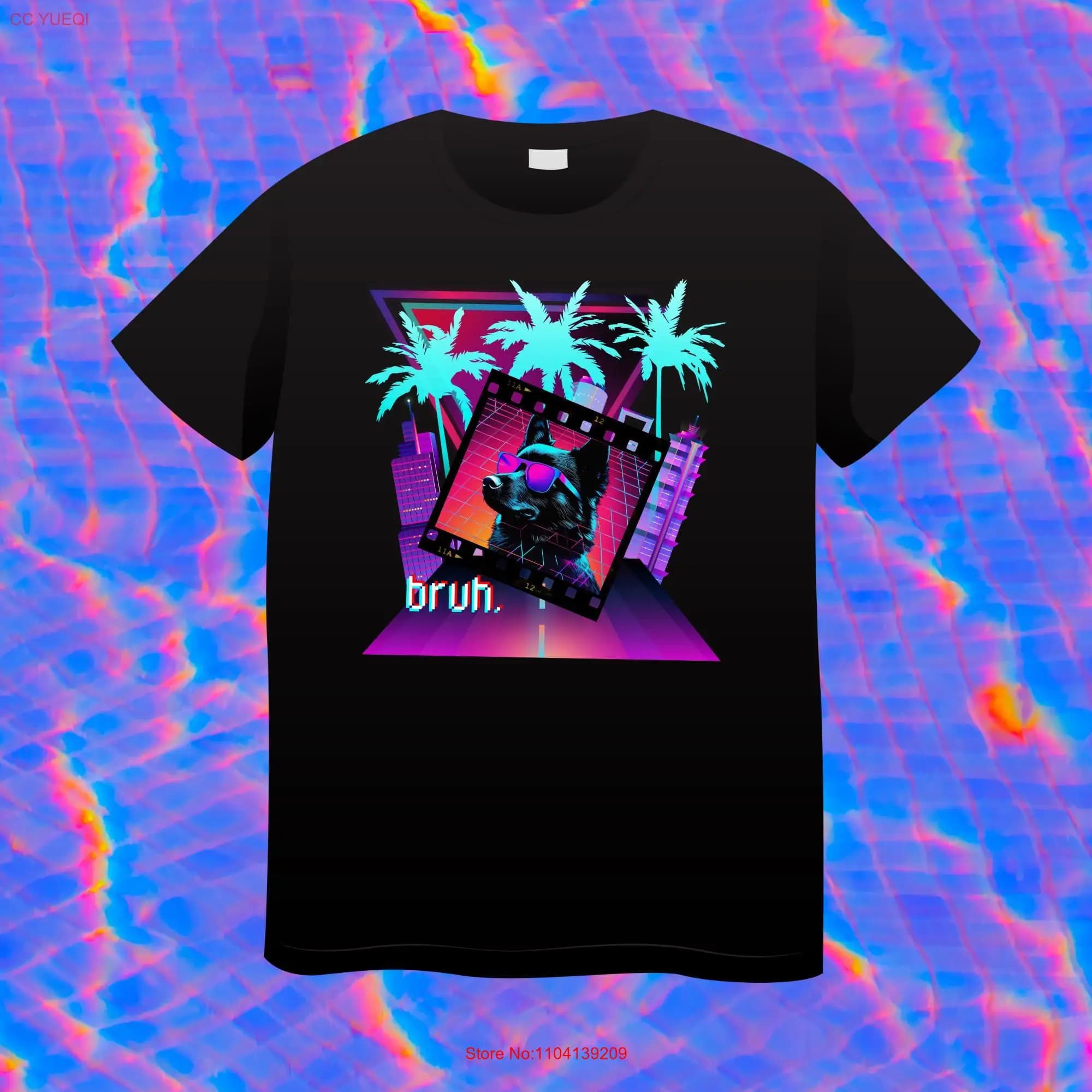 Vaporwave Aesthetic Schipperke Dog Sunglasses Vector Grid Synthwave Heavy Cotton T Shirt long or short sleeves