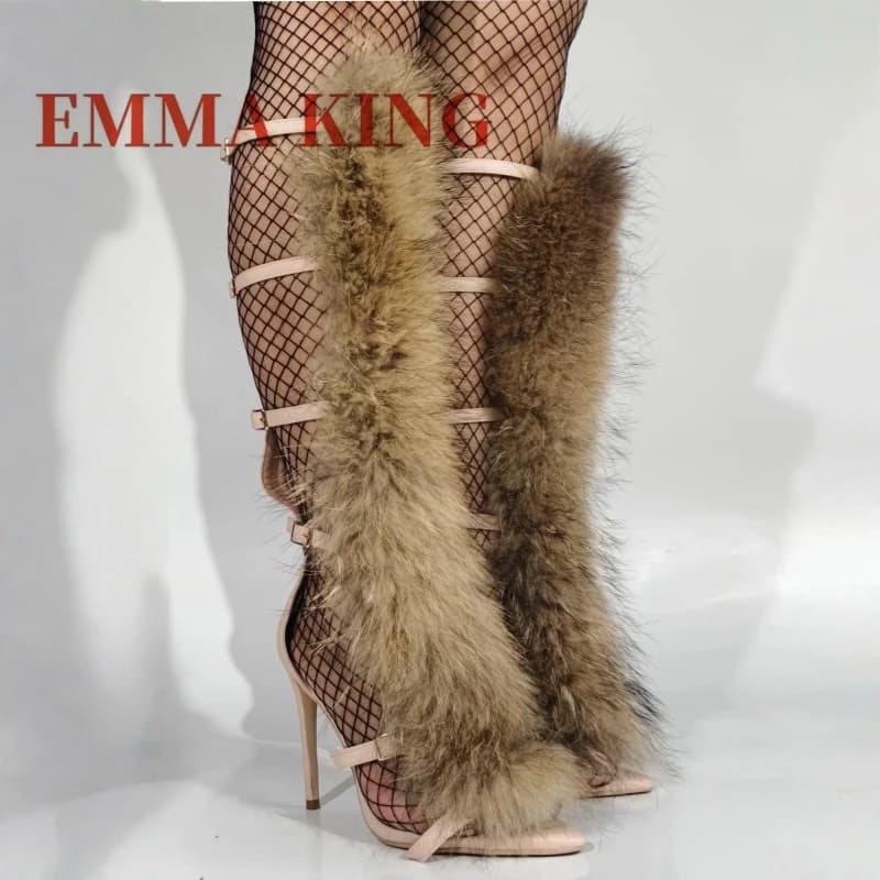 Sandali con Cinturino e Pelliccia Sintetica, Sexy Scarpe con Tacco a Spillo e Punta Aperta, Sandali Lunghi alla Moda per Abiti da Sera, Matrimoni e Feste