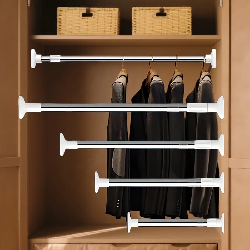 1pc Stainless Steel Telescopic Drying Pole, No-Drill, Adjustable for Clothes, Shower Curtain, Expandable, Black & White Design