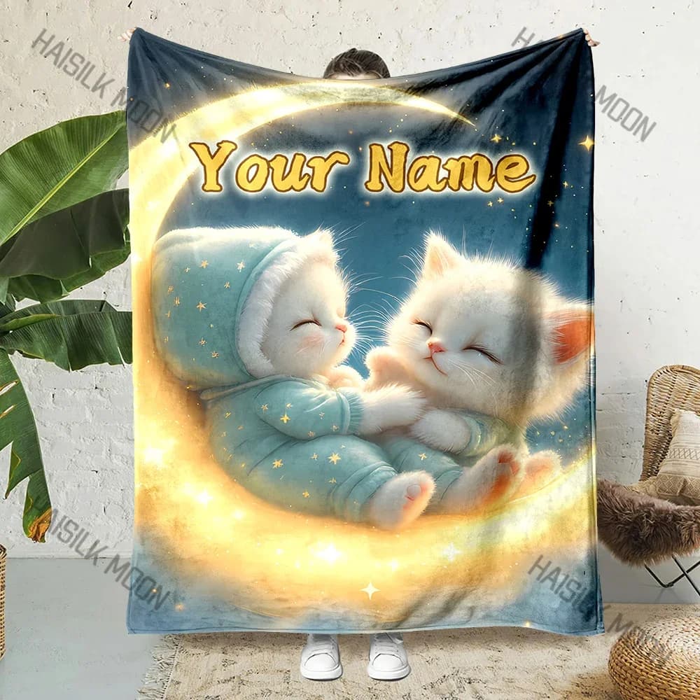 Nome personalizzato Coperta personalizzata Dream Kitten - Materiale in flanella con stampa lunare adatto per divano di casa, viaggi, campeggio, picnic