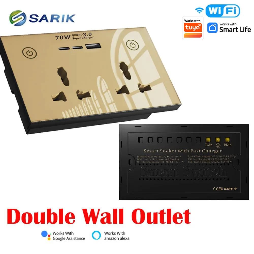 Presa a Muro Smart WiFi con Pannello in Vetro Cristallo, Doppia Presa Universale Internazionale, Interruttore Touch USB Compatibile con Tuya