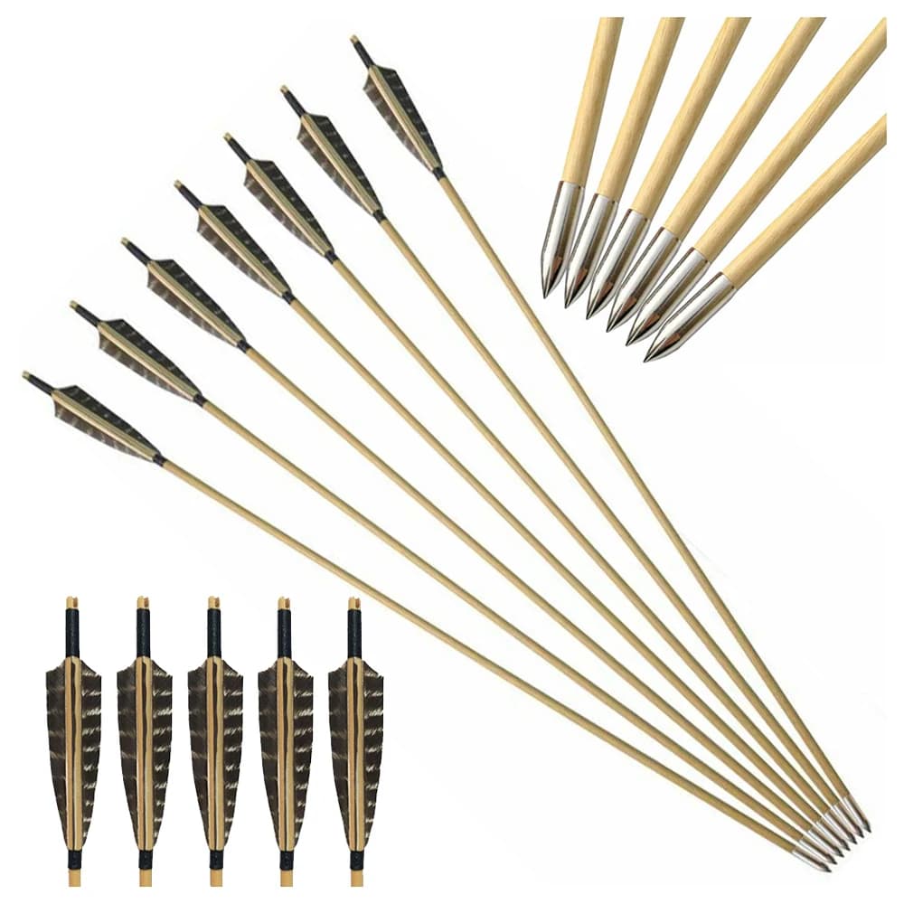 12 pezzi frecce in legno 5 "piuma naturale con punte di freccia da caccia tiro con l'arco arco ricurvo arco lungo tiro al bersaglio caccia sport all'aria aperta