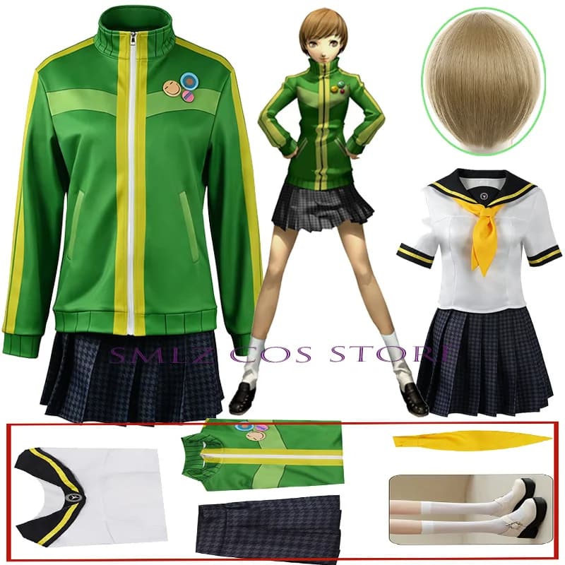 Chie Satonaka Cosplay Anime PP4 Cosplay Costume Woman Chie Green Coat Skirt Top Prop Wig Set Party Play Outfit Uniform