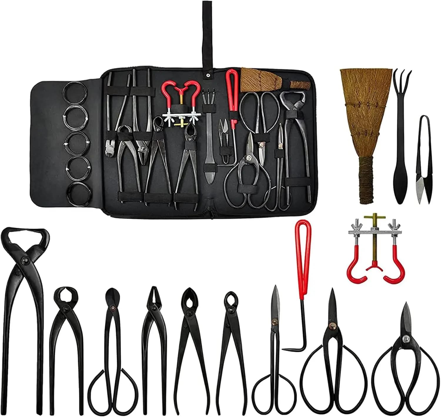 Kit di 14 Attrezzi per Bonsai con Custodia, Set di Forbici e Cesoie in Acciaio al Carbonio per la Cura delle Piante da Giardino