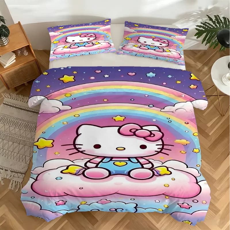 Set di biancheria da letto Sanrio Hello Kitty, 3 pezzi, copripiumino con cartoni animati Kawaii e 2 federe per ragazze, bambini, decorazione per la camera da letto, regalo per letto matrimoniale o king size