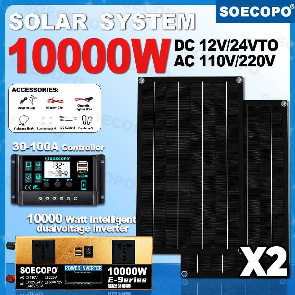 SOECOPO Kit solare completo domestico portatile da 10000 W 2×600 W Pannelli solari Inverter (2 prese) Controller 100 A – Attrezzatura da campeggio, Auto