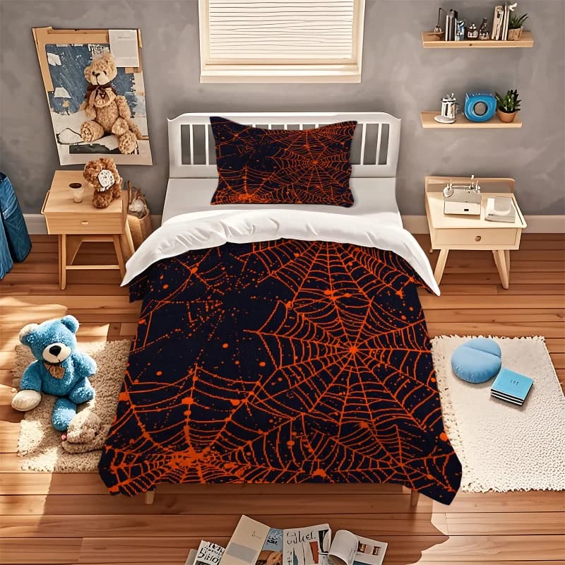 Halloween Orange Spider Web Print Duvet Cover Set Bedding Set No Filler For Bedroom Holiday Home Decor