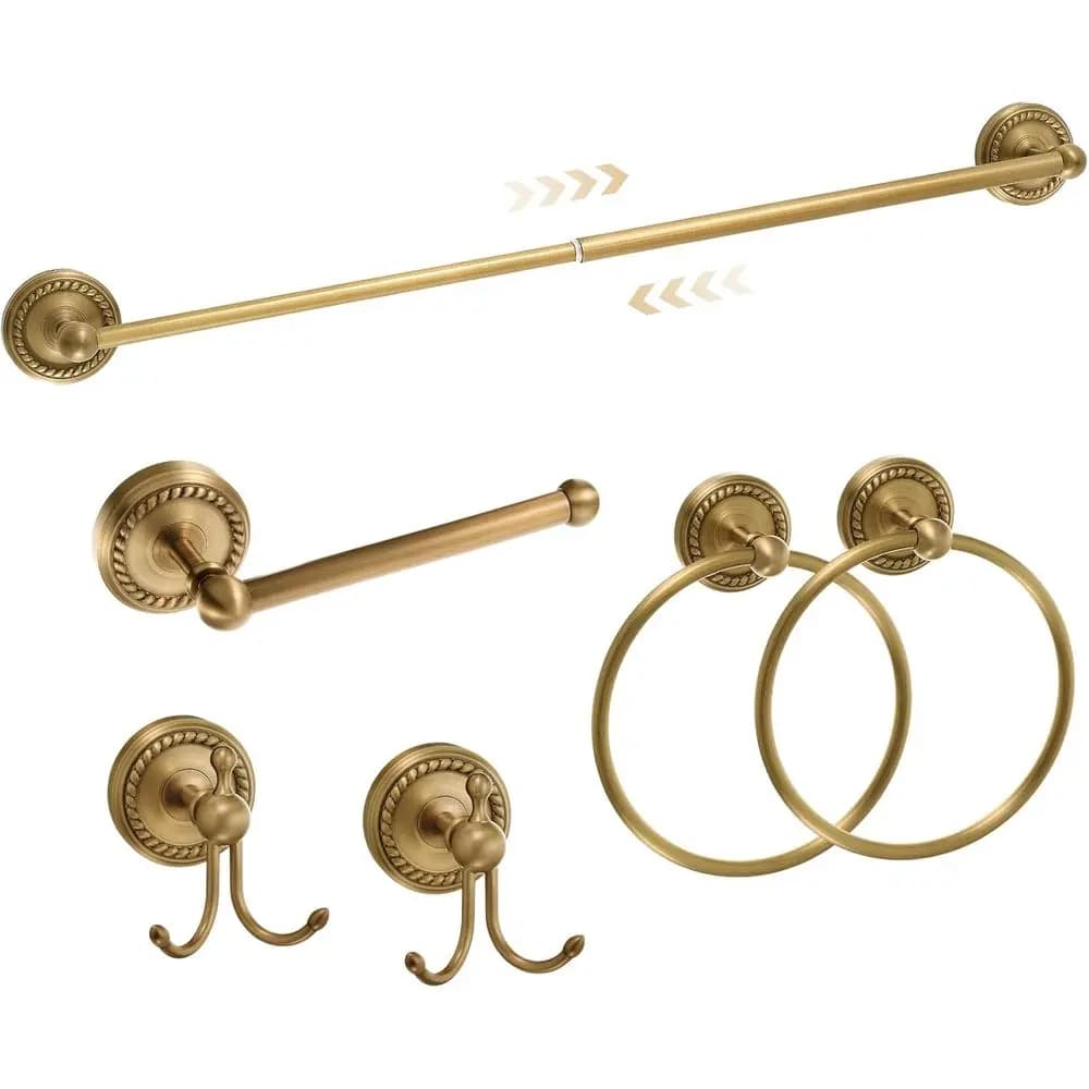 Set di 6 Accessori Bagno in Ottone Anticato Dorato, Portasciugamani da 15.7"-26.7", Anello Portasciugamani, Porta Carta Igienica, Gancio per Accappatoio